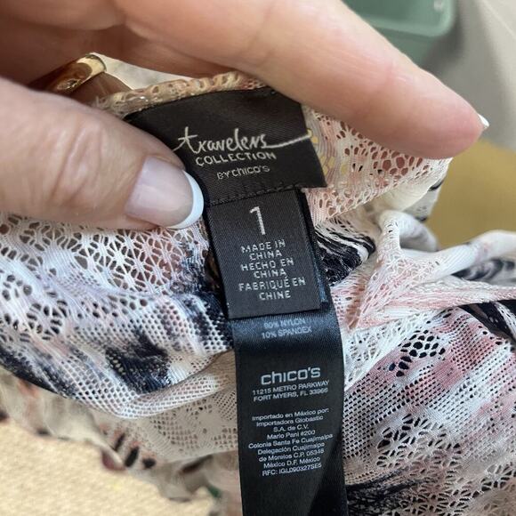 Chico's Travelers Collection Cardigan Coverup size 6 8/1 Pink Black Lace Fringe - Picture 8 of 8